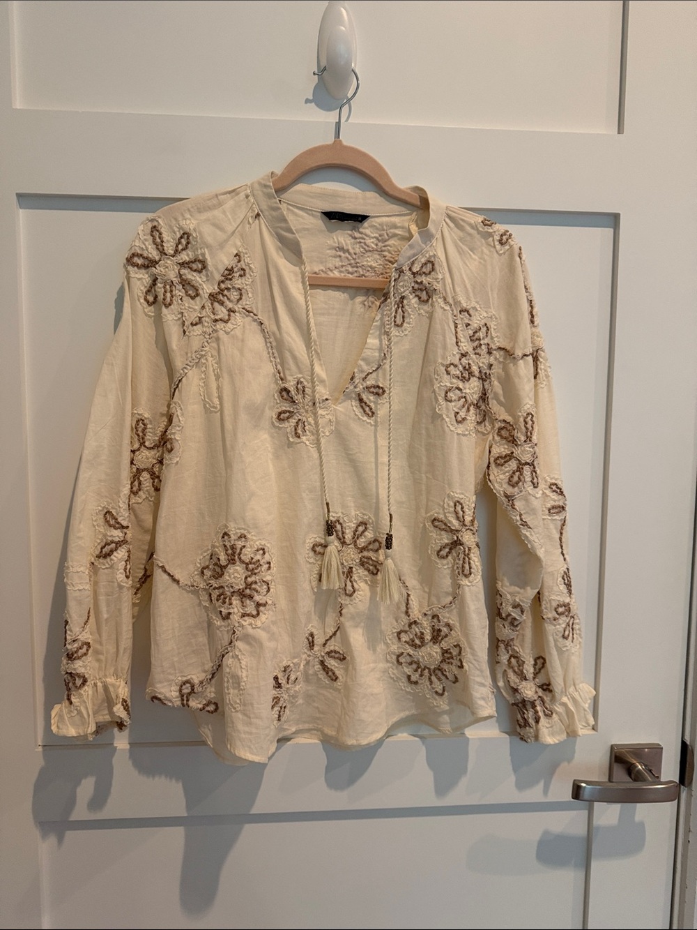 Zara Boho Blouse with Floral Embroiderery and Tassel Tie
